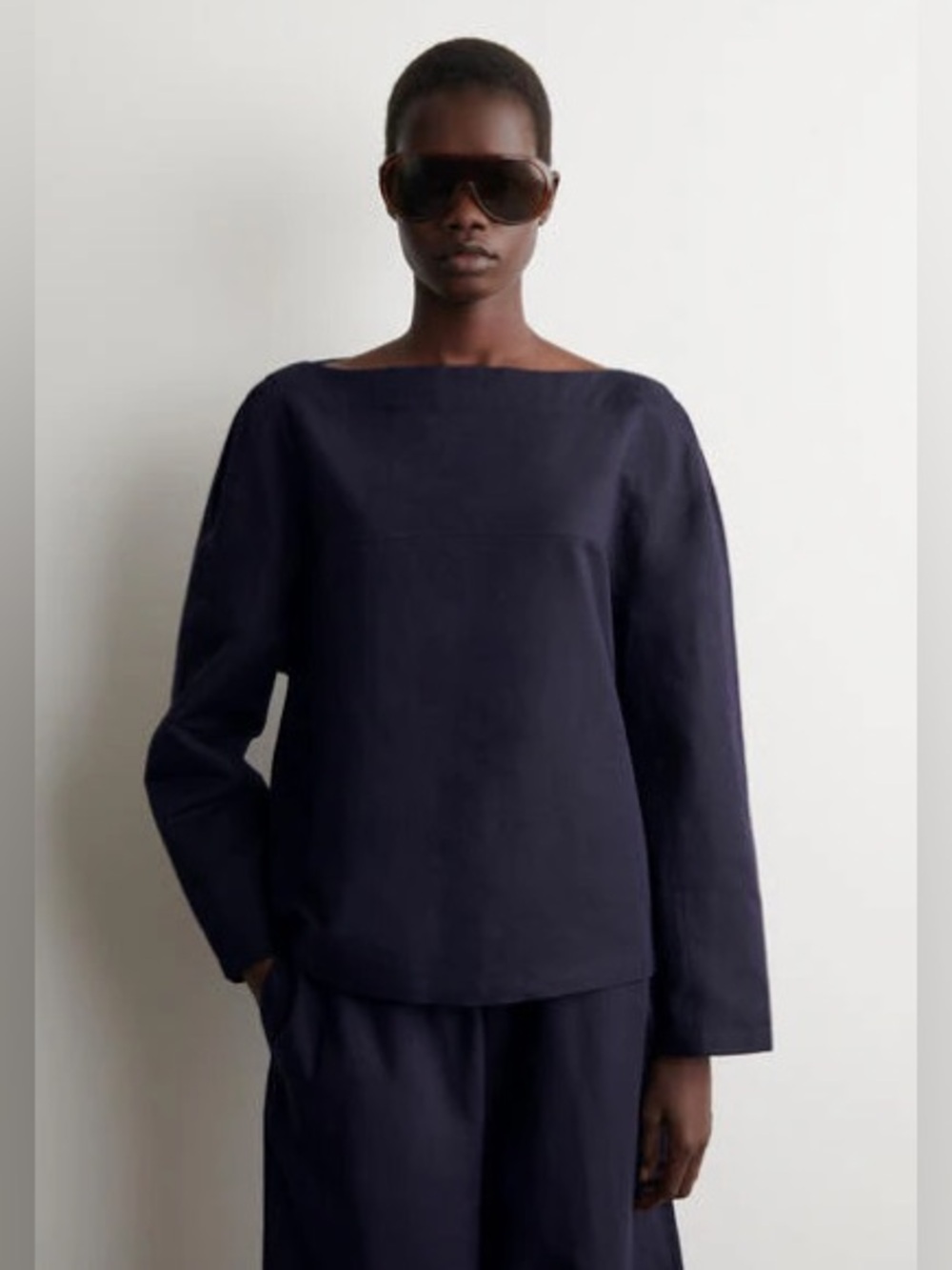 COS Navy Boatneck Long-Sleeve Top